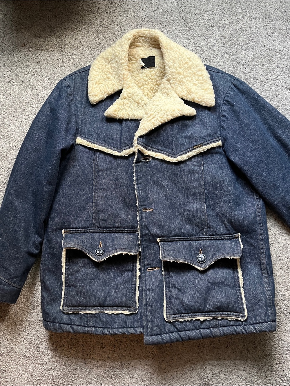 Vintage Sears Roebuck Men's Dark Blue Denim Pea Coat with Cream Sherpa Collar